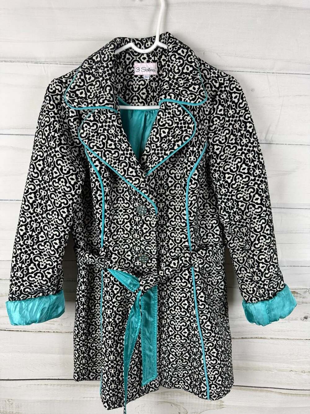 3 Sisters BlackWhite Damask Coat Jacket with Teal Lining and Rhinestone Buttons